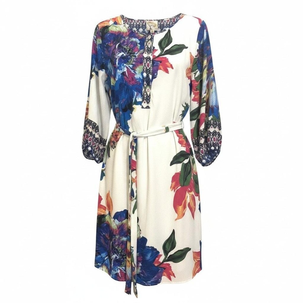 Fig And Flower Cottagecore Boho Womens S Multi-Color Floral 3/4 Ruched Sleeve